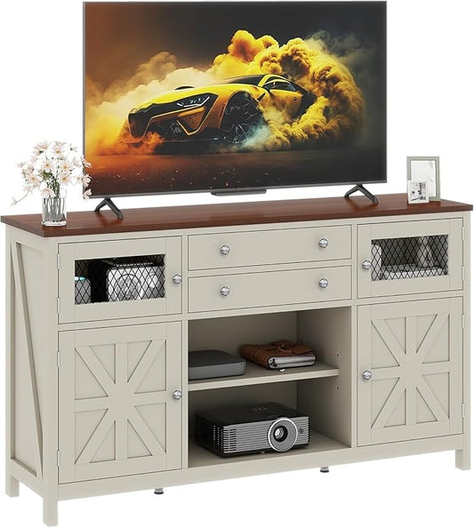 YITAHOME Farmhouse TV Stand for 65/55 Inch Television, Entertainment Center Television Stand with Drawers & Door, 59" Media Console TV Cabinet for Living Room, Antique White