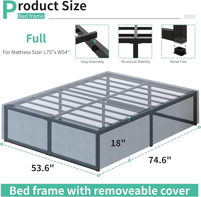 18 Inch Full Size Bed Frame with Storage Bed Cover Skirt, Heavy Duty Metal Full Platform Bed Frame No Box Spring Needed, Easy Assembly, Noise Free, Black and Blue