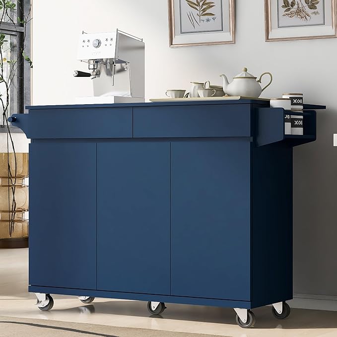 53" Kitchen Island with Drop Leaf,Dining Storage Cart W/Spice Rack,Towel Rack and 2 Drawers,Rolling Island on Wheels W/Adjustable Shelves for Kitchen,Dining Room,Navy Blue