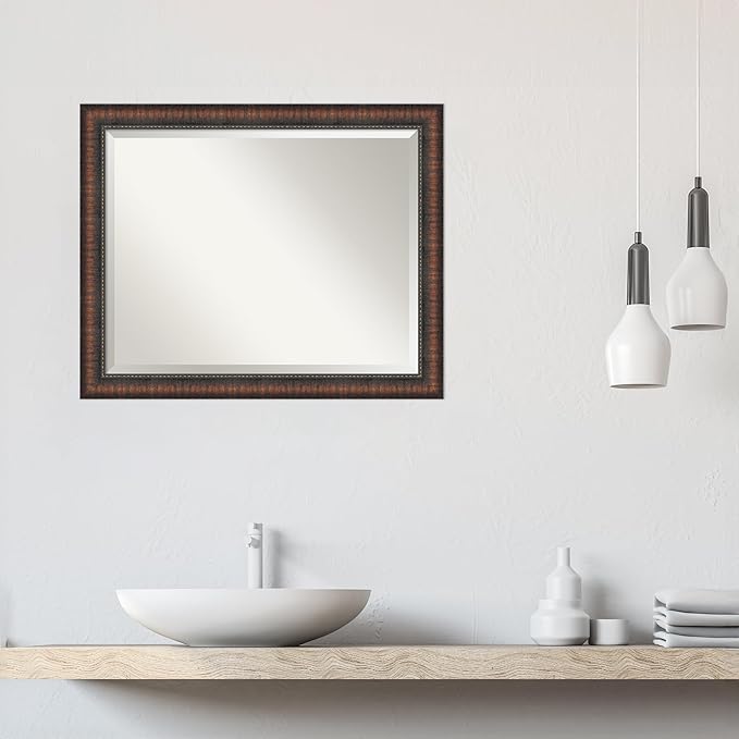 Amanti Art Brown Bathroom Mirror for Over Sink, 26x32 Caleb Brown Rectangle Vanity Mirror, Large Rustic Farmhouse Frame, Hangs Horizonally and Vertically, Bathroom Wall Decor, Beveled Edge