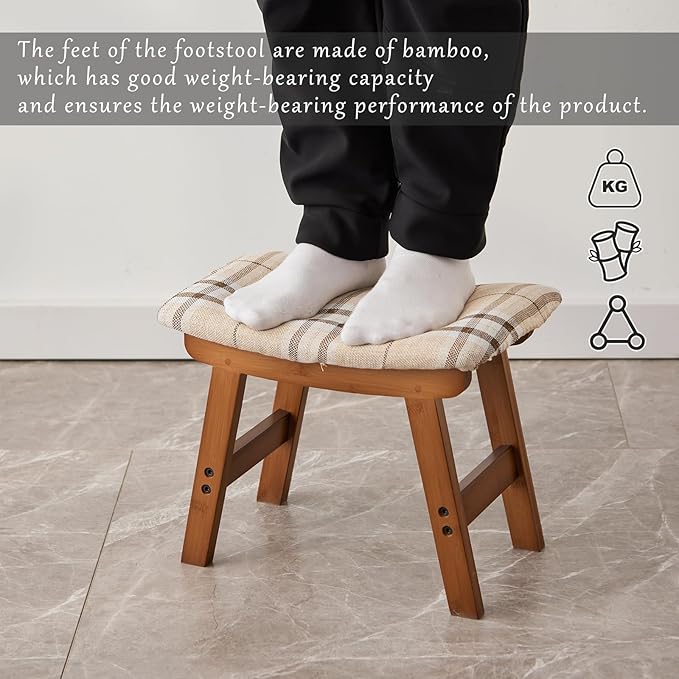 Foot Stool,Ottoman,Bamboo Small Sofa Foot Rest Under Desk,Extra Seating for Living Room, Bedroom and Kitchen (Brown Stool Legs - Stripes Surface)