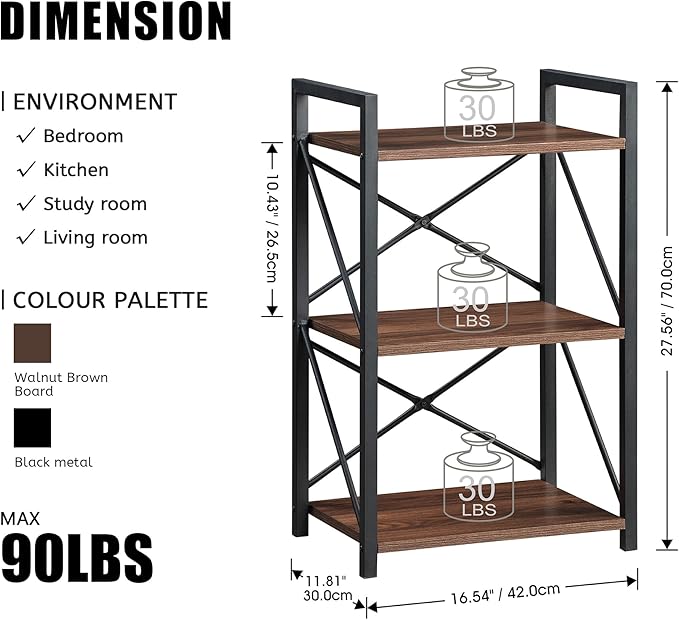 3 Tiers Bookshelf, Home Office Bookcase Shelf Storage Organizer for Bedroom, Living Room and Home Office, Walnut Brown(Small)