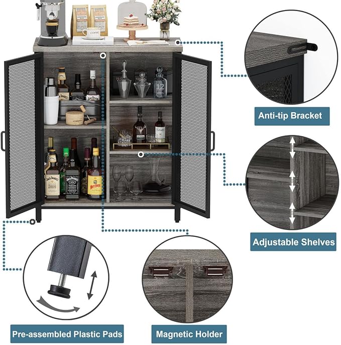 BON AUGURE Small Coffee Bar Cabinet for Liquor, Farmhouse Storage Cabinet with Doors, Wood Sideboard Buffet Cabinets for Home Kitchen, Dining Room, Living Room (Dark Grey Oak)