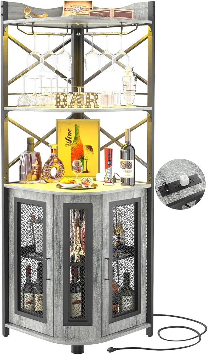 Aheaplus Corner Bar Cabinet with Power Outlet, Industrial Wine Cabinet with LED Strip and Glass Holder, 5-Tiers Liquor Cabinet Bar Unit for Home, Corner Display Cabinet for Small Space, White Oak