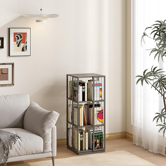 Square Rotating Bookshelf Tower - 360 Spinning Display Corner Bookcase for Narrow Space, Modern 3-Tier Revolving Storage Shelf, Black