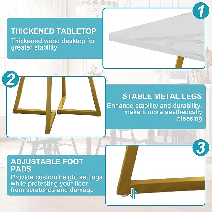 Square Dining Table for 2-4, 31.5" Small Dinner Table with Metal Frame Base Square Kitchen Tables for Dining Room, Kitchen, Living Room, White & Gold