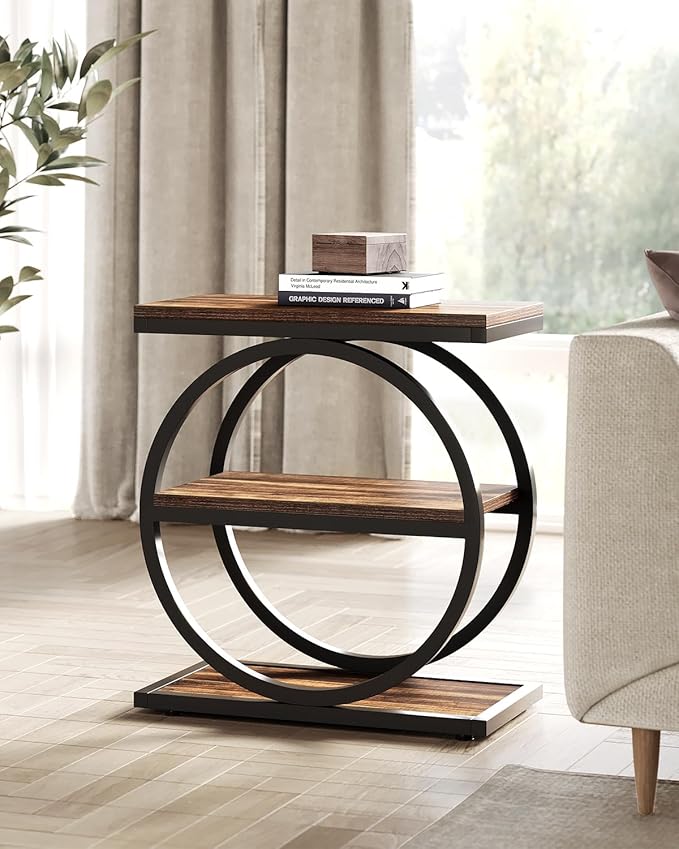 LITTLE TREE End Table Set 2, Side Table with 3 Tiers Shelves, Slim Sofa Side Table for Living Room, Tall Bedside Table Nightstand for Bedroom, Rustic Brown and Black