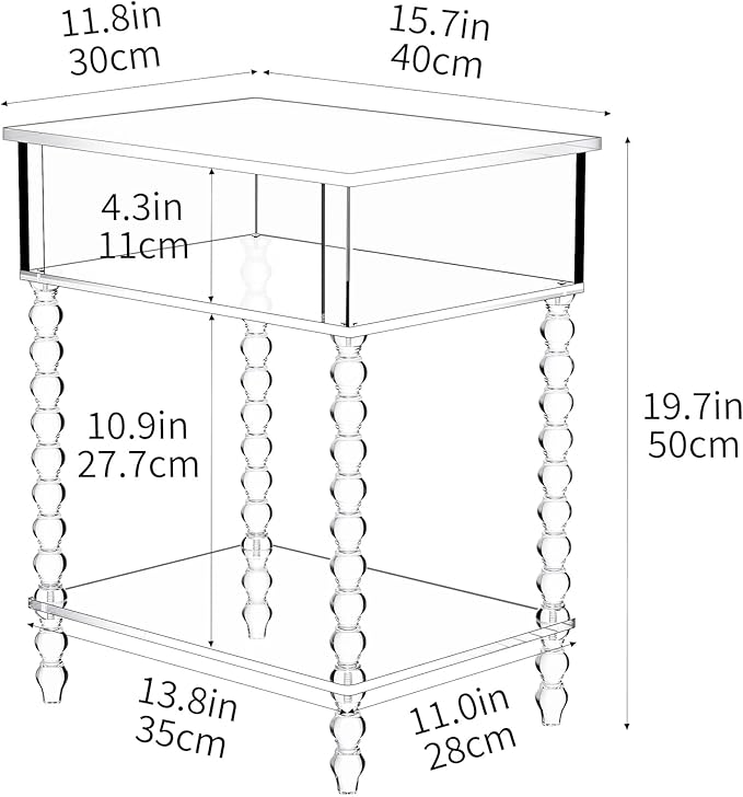 Acrylic Side Table, Clear 3-Tier End Table with Storage, Nightstand for Living Room, Bedroom, Office (Clear, 11.8 ×15.7 × 19.7)
