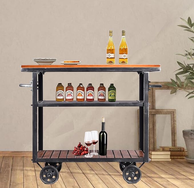 Vintage Rolling Bar Cart on Wheels Industrial Mobile Serving Cart Metal and Wood Design for Kitchen Bar Office Coffee House 36.2" Lx15.75 Wx30.5 H 3 Tier with 2 Side Handle