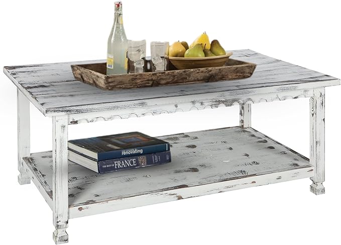 Country Cottage 42-Inch Farmhouse Coffee Table with Storage Shelf and White Antique Finish for Living Room or Family Room by Alaterre Furniture