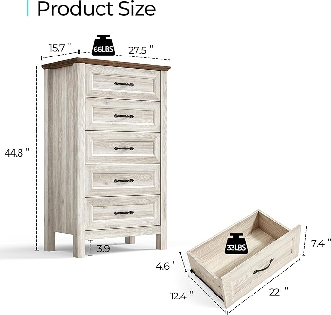 LINSY HOME Tall Dresser for Bedroom with 5 Drawers, 45" Tall Dressers & Chests of Drawers, Modern Farmhouse Large Vertical Dresser with Wood Legs for Bedroom, Closet, Living Room, Hallway, Beige