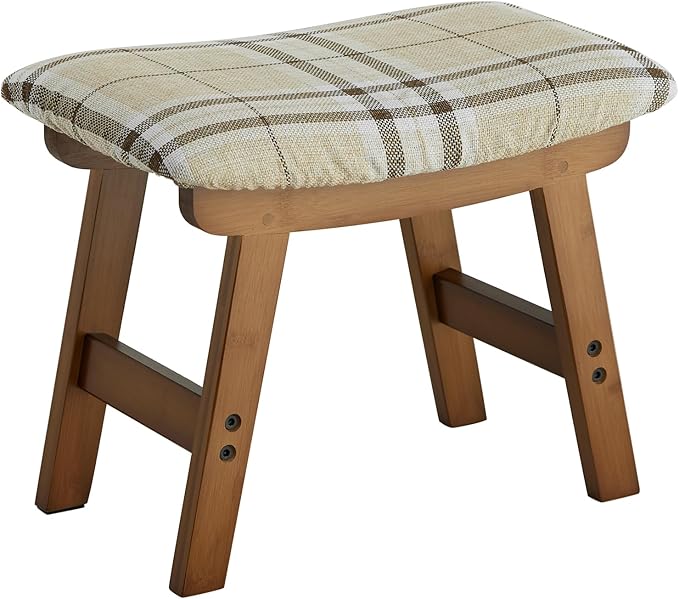 Foot Stool Ottoman Foot Rest Under Desk,Small Stool for Living Room, Bedroom and Kitchen (Brown Legs - Stripes Stool Surface)