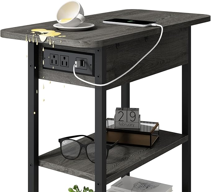 LIDYUK End Table with Charging Station, Flip Top Narrow Side Table for Small Spaces, Nightstands Set of 2 for Bedroom, End Tables Living Room Set of 2 with Storage Shelf, Dark Grey