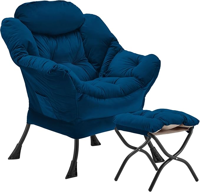 Lazy Chair with Folding Ottoman, Accent Chair Velvet Upholstered with Metal Structure and Non-Slip Pads, Sofa Armchair with Footrest and Side Storage Bag for Dorm, Room, Office, Blue
