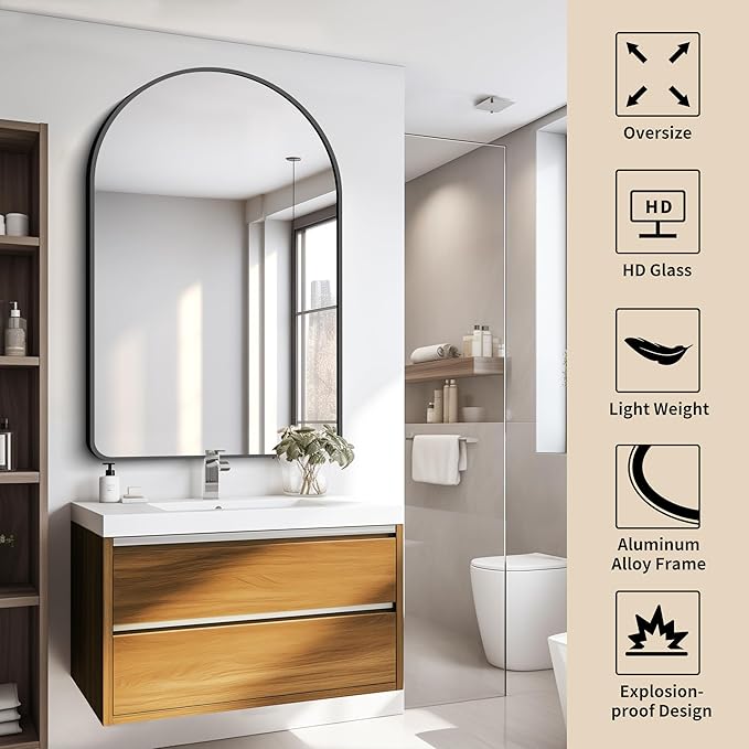 FORBATH Arched Mirror 32x48 Inch, Bathroom Mirror Wall Mounted Modern Black Aluminum Alloy Frame Decor Large Dresser Mirror for Bedroom Living Room Entryway, Hanging or Leaning Against Wall