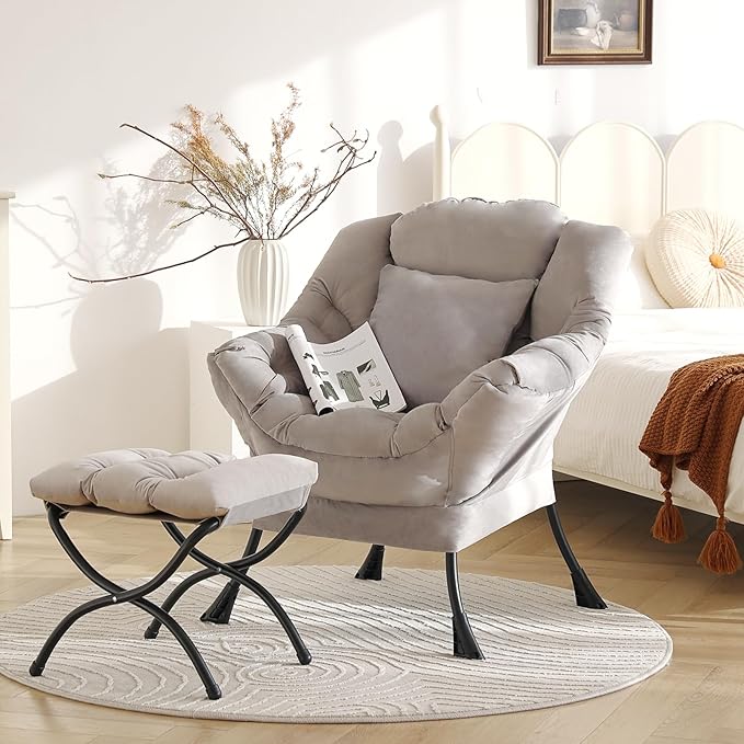 Large Lazy Chair with Ottoman, Accent Reading Chair with a Soft Grey Throw Pillow, Cozy Lounge Chair with Armrest, Leisure Sofa Chair for Living Room, Bedroom, Dorm, Velvet Soft Grey