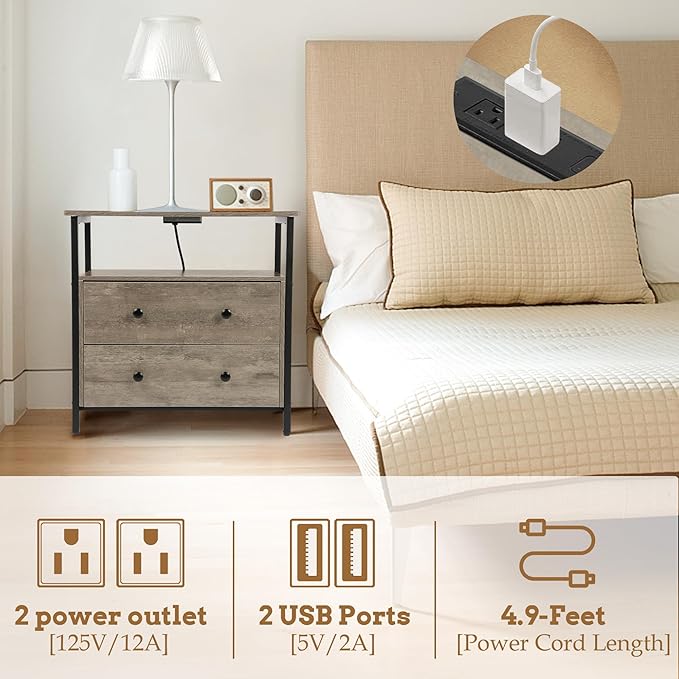 27 inch Wide Nightstand with Charging Station, Bedside Table with Open Shelf, 2 Drawers Small Wood Dresser, End Side Table for Bedroom (Rustic Gray)