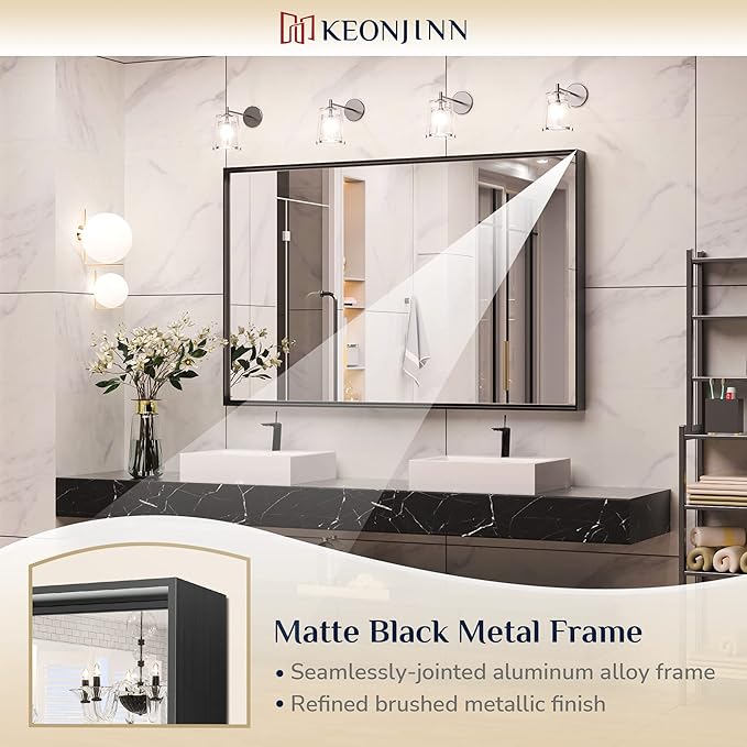 Keonjinn Black Framed Mirror for Bathroom 48 x 30 Inch Large Matte Black Bathroom Mirror Rectangle Wall Mirror Square Corner Metal Frame Farmhouse Bathroom Mirror for Over Sink(Horizontal/Vertical)