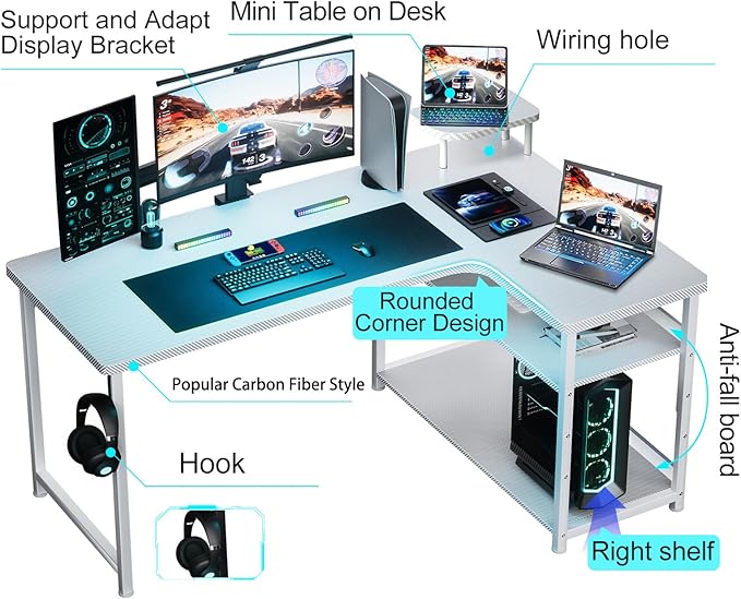 GTRACING Gaming Desk L Shaped Desk Carbon Fiber Style Computer Desks Compatible with Monitor Arm Storage Shelves Corner Desk Gaming Table for Home Office Desks Easy to Assemble Adjustable Shelf Height