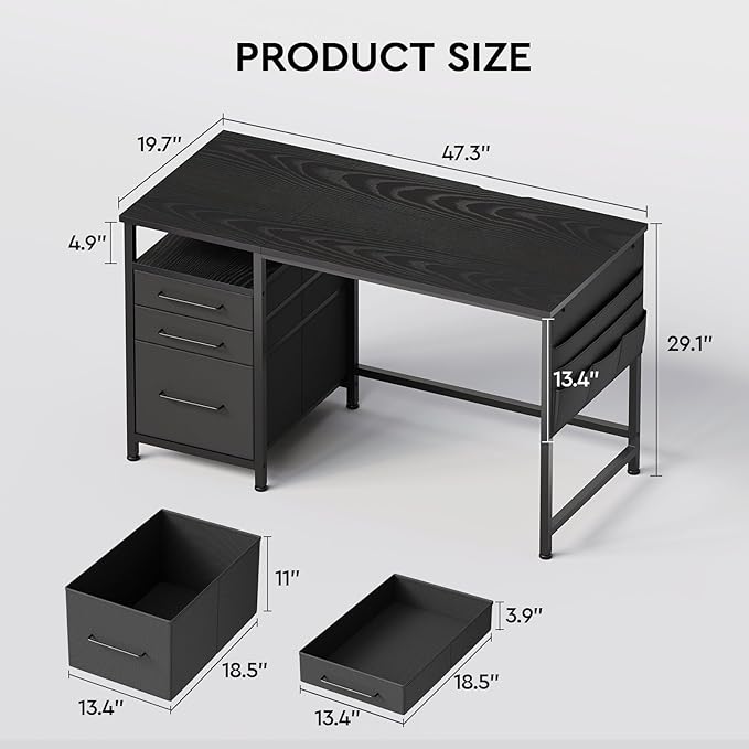 Ｍａｉｈａｉｌ Maihail Small Desk with Drawers, 47 inch Computer Desk with Shelves, Writing Desk with Storage, Small Office Desk with Metal Frame, Black