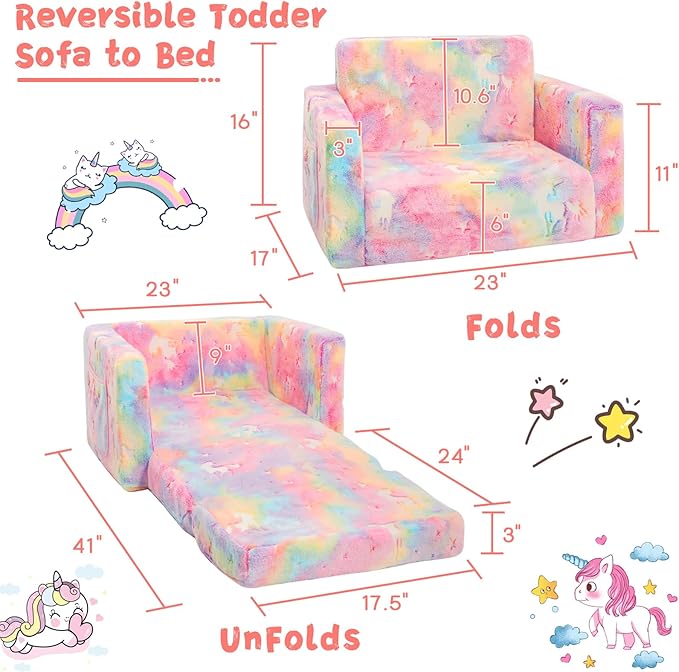 Toddler Chair Comfy,2-in-1 Soft Toddler Couch Fold Out for Kids,Convertible Sofa to Lounger,Gift for Girls and Boys Birthday,Unicorn,Medium