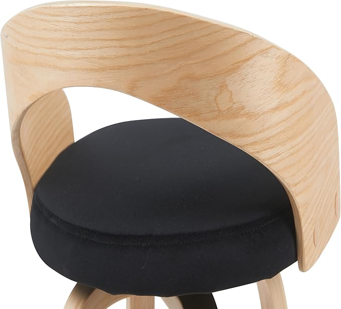 Armen Living Sonia Modern Swivel Bar Height Stool with Black Upholstered Seat and Patterned Oak Wood Finish