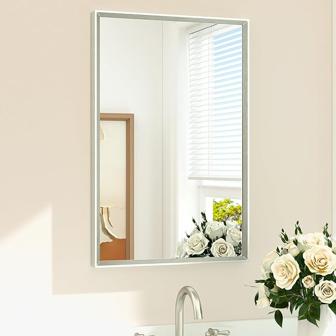 TETOTE Brushed Nickel Mirror 20" x 30" Rectangle Beveled Frame Bathroom Vanity Mirror for Over Sink Brushed Nickel, Tempered Glass, Stronger Frame, Modern Farmhouse Bedroom, Entryway