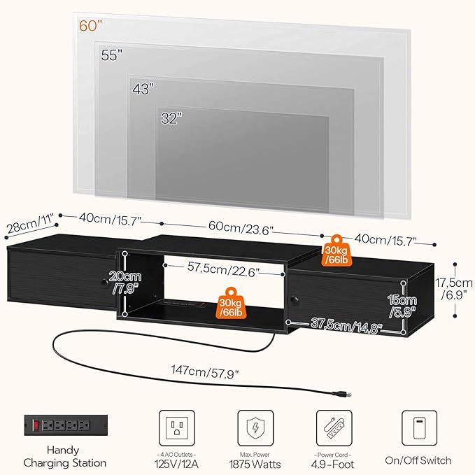 HOOBRO 55" Floating TV Stand with Power Outlets, Modern Wall Mounted Media Console Shelf with Doors, Entertainment Center for Under TV Storage, for Living Room, Bedroom, Black BK11UDS01