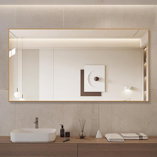 Golden Bathroom Mirror for Wall, Rectangle Mirrors with Metal Frame, Modern Vanity Wall Mirror Decor for Entryway Hangs, Bathroom Living Room Horizontal or Vertical (Golden, 48" L x 30" W)