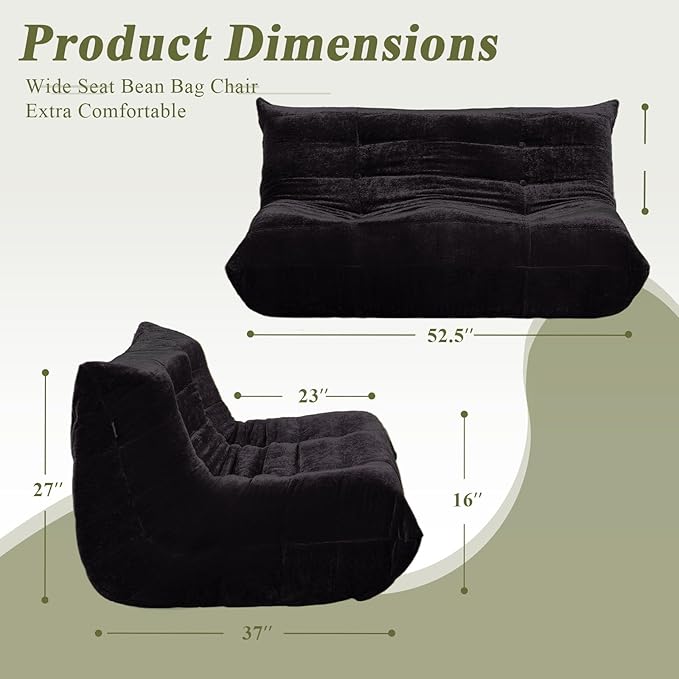 Bean Bag Chair, Loveseat Fireside Chair Large Bean Bag Sofa for Adults, Memory Foam Two Seater Couch Gaming Chairs with Comfy Design, Lazy Floor Sofa for Living Room, Bedroom, Dark Gray