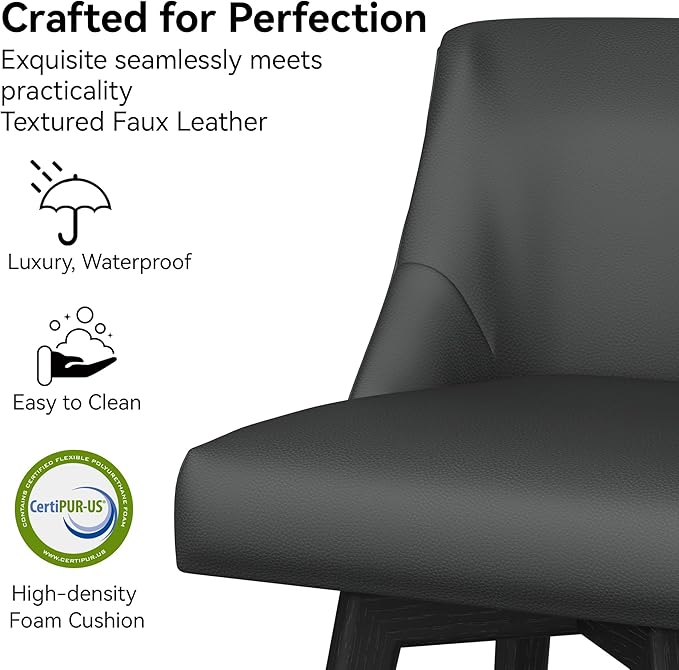 Counter Height Bar Stool, Modern Swivel Barstools with Back and Wood Leg, Faux Leather Upholstered Counter Height Stool, 26" H Kitchen Counter Stool, Kitchen Island Home Bar, Black Grey