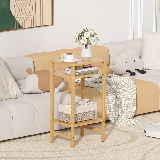 28in Tall Bamboo Side Table Set of 2, 3-Tier Small Narrow End Table for Couch, Skinny Nightstand for Small Space, Farmhouse Slim Night Stand with Storage, Wooden Thin Bedside Table, Natural