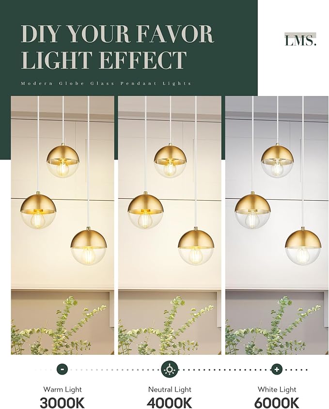 LMS Brushed Gold 3-Light Cluster Pendant Lights, Modern Dining Room Light Fixtures Over Table with Clear Globe Glass, Adjustable Hanging Cord Ceiling Light for Dining Room Kitchen Island, LMS-186BGC3
