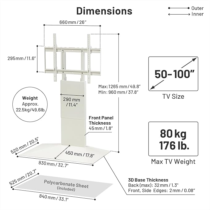 WALL V4 | Sleek Shallow Floor TV Stand for Extra Large 50-100 Inch | Satin Black | for Large Screens | Living Room and Bedroom, Space Saving, Adjustable Mount, No Drill, Japan-Engineered Design