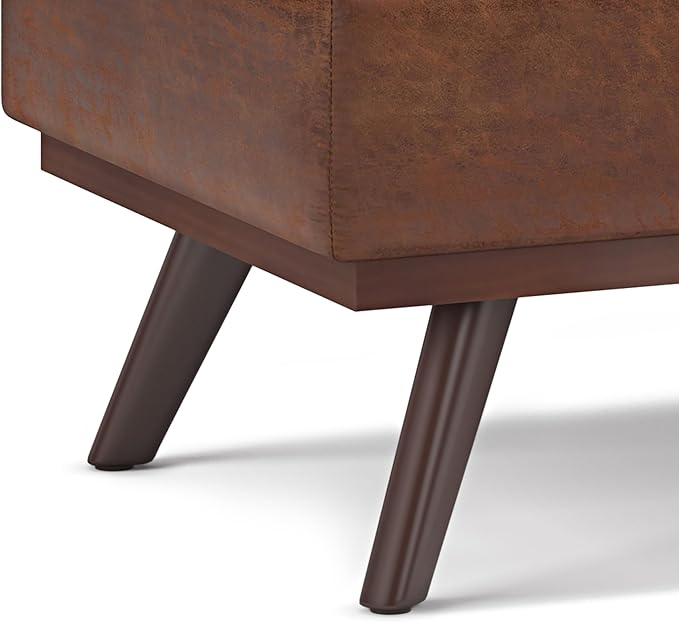 SIMPLIHOME Owen 42 inch Wide Mid Century Modern Rectangle Lift Top Large Coffee Table Storage Ottoman in Distressed Saddle Brown Vegan Faux Leather, Assembled, for the Living Room and Entryway