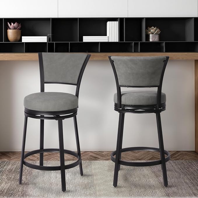 Bar Stools Set of 2, 25 Inch Metal Counter Height Bar Chairs, Modern Faux Leather 360° Round Swivel Barstools with Back, Counter Stools for Kitchen Island, Pub, Grey