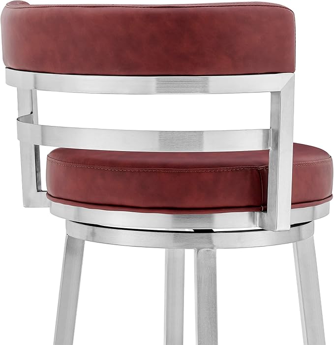Armen Living Madrid 26" Seat Height Swivel Modern Red Faux Leather and Brushed Stainless Steel Bar Stool for Kitchen Island Counter