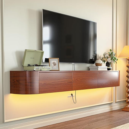 Fully Assembled Floating TV Stand with Drawers, 70IN Vintage Wall Mounted Entertainment Center, Minimalist Large Storage Console Under TV, Solid Wood Media Shelf for Living Room, Bedroom