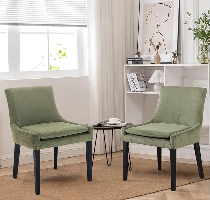 COLAMY Modern Dining Chairs Set of 4, Upholstered Corduroy Accent Side Chairs with Mid Back and Wood Legs for Living Room/Dining Room- Light Green