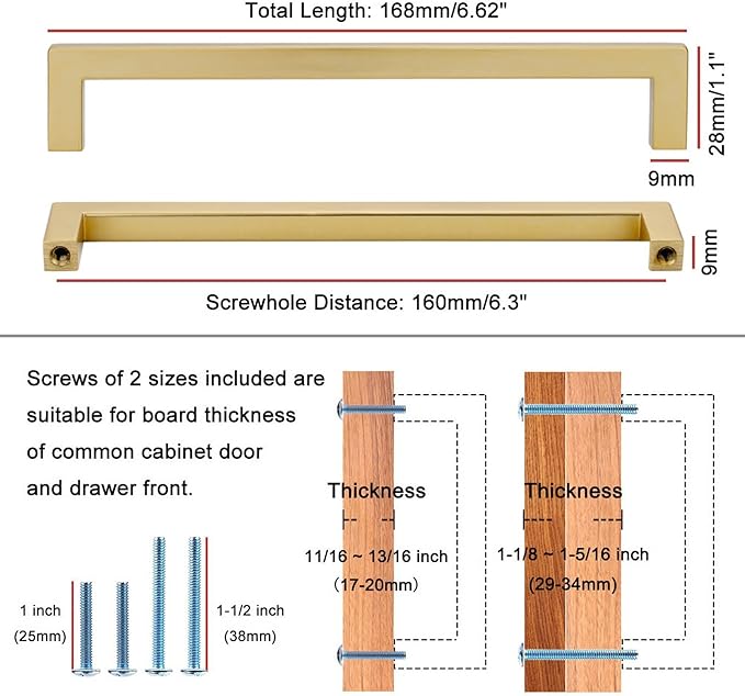 KOOFIZO 20-Pack Solid Square Bar Cabinet Handle - Brushed Gold Furniture Pull, 6.3 Inch/160mm Screwhole Distance for Kitchen Cupboard Door, Bedroom Dresser Drawer, Bathroom Wardrobe Hardware