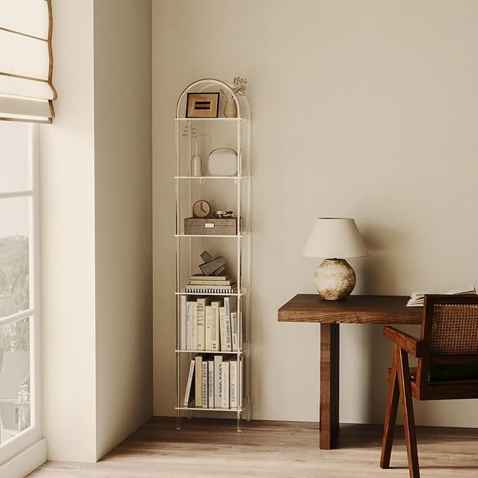6-Tier Tall Acrylic Arched Bookcase, 13.8''W x 11.8''D x 68.4''H, Clear Narrow Bookshelf for Small Space, Open Book Shelves for Home Office, Living Room, Bedroom, Modern