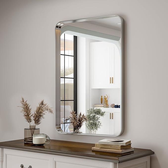Silver Bathroom Mirror for Wall, 30x22 Inch Rectangular Aluminum Alloy Framed Mirror, Modern Wall Mounted Vanity Mirror for Bathroom, Vertical or Horizontal