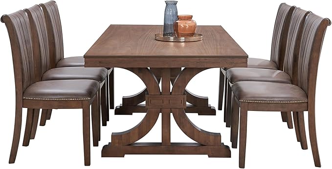 KEIKI Retro 7-Piece Wooden Dining Table Set for 6 Person, Mid-Century Style Table Set with Rectangular MDF Table and 6 Faux Leather Upholstered Chair, Easy Assembly, for Kitchen, Dining Room, Oak