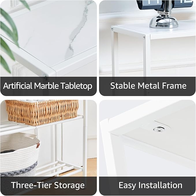 Wimarsbon 29.5" Narrow Console Table - 3-Tier Entryway Table with Shelves, Metal Frame, for Hallway, Living Room, Bedroom (White Frame White)