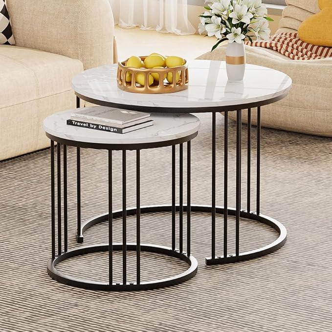 Garden 4 you Coffee Table Faux Marble Nesting Table for Small Place 2 Sets Modern Furniture Living Room Sets End Side Table Night Stand for Bed Room Dining Room (Black & White)