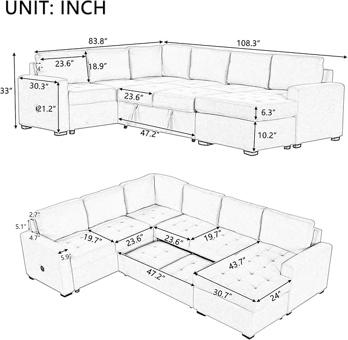 108.3 Inch Modular Sectional Sleeper Sofa with Pull-Out Bed and Lounge Chair, U-Shaped Combination Corner Couch w/USB & Type-C Interfaces, for Living Room Bedroom Office, Beige