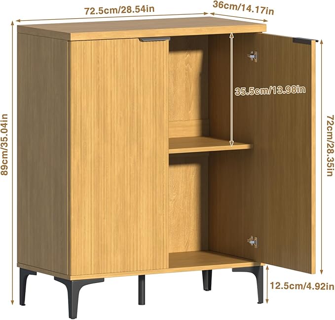 Fluted Sideboard Buffet Cabinet, 2 Doors Side Board Storage Cabinet, Buffet Cabinet with Line Groove Design,Side Board with Metal Legs and Handle, Buffet for Entryway, Natural Wood