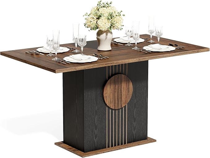 LITTLE TREE Rectangle Dining Table, Modern Kitchen Table Set for 6, Wooden Furniture with Heavy Duty Base, Modern Furniture for Home, Dining Room, Brown & Black
