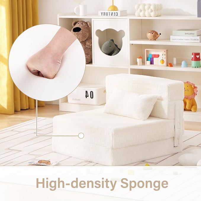 Folding Sofa Bed Beige Floor Mattress for Kids with Pillow, Toddler Washable Folded Floor Nap Mat Futon, Child Fold Up Sofa Folding Chair Bed with Storage Bag for Girls and Boys