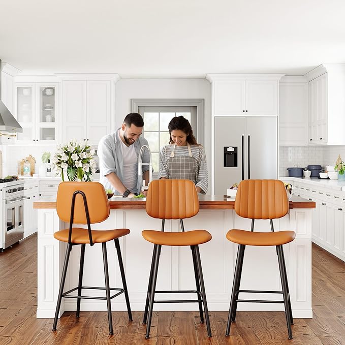 24-Inch Leather Bar Stools Set of 2, Counter Height Barstools with High Backrest，Bar Chairs for Kitchen Island with Heavy Duty Metal Legs, Brown